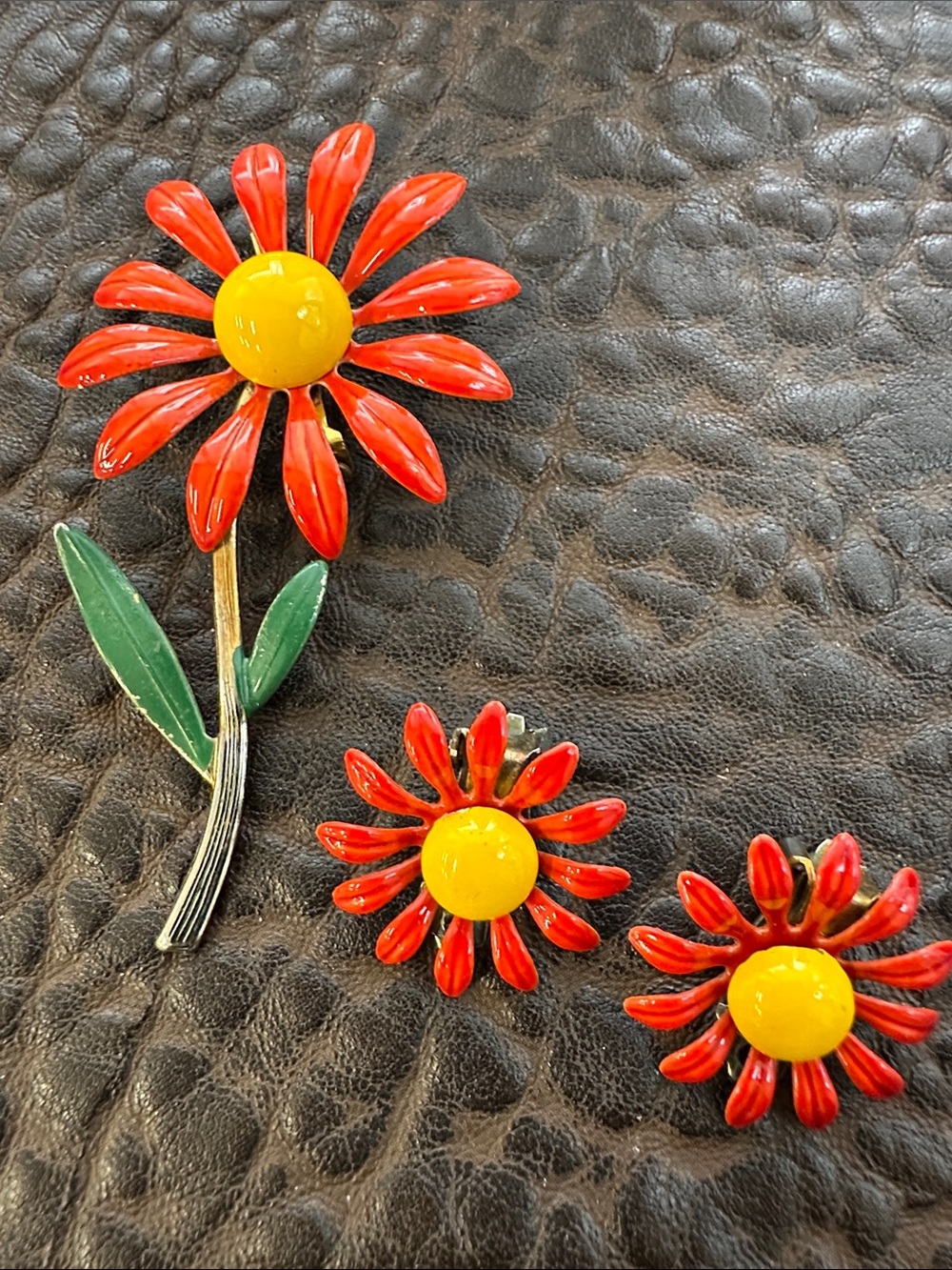 Vintage Red & Yellow Enamel Daisy Brooch and Earring Set